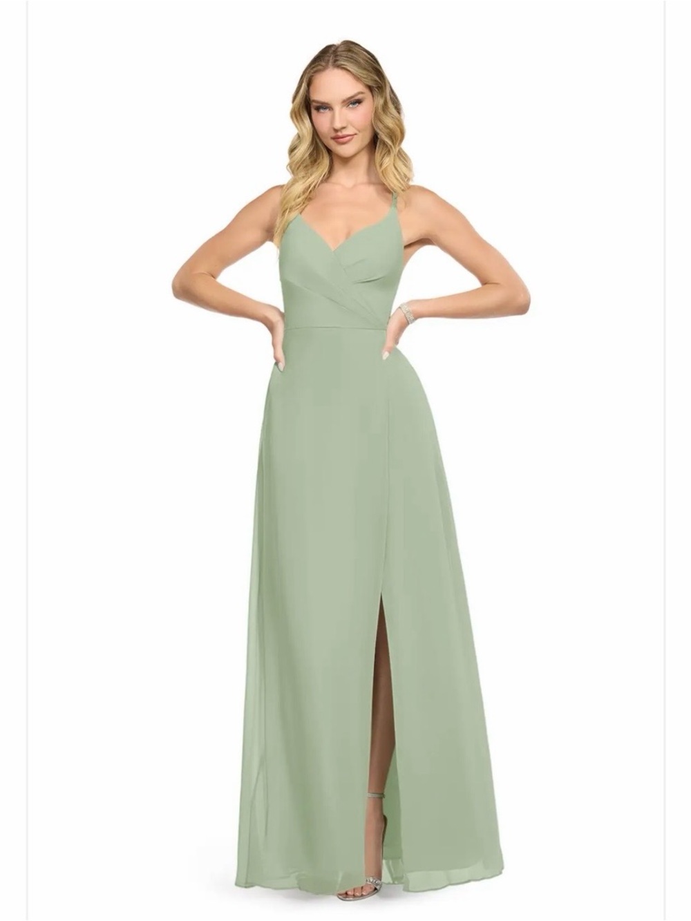 Azazie Davis Dusty Sage A-Line V-Neck Flowy Chiffon Dress AO Bust 32 NWT